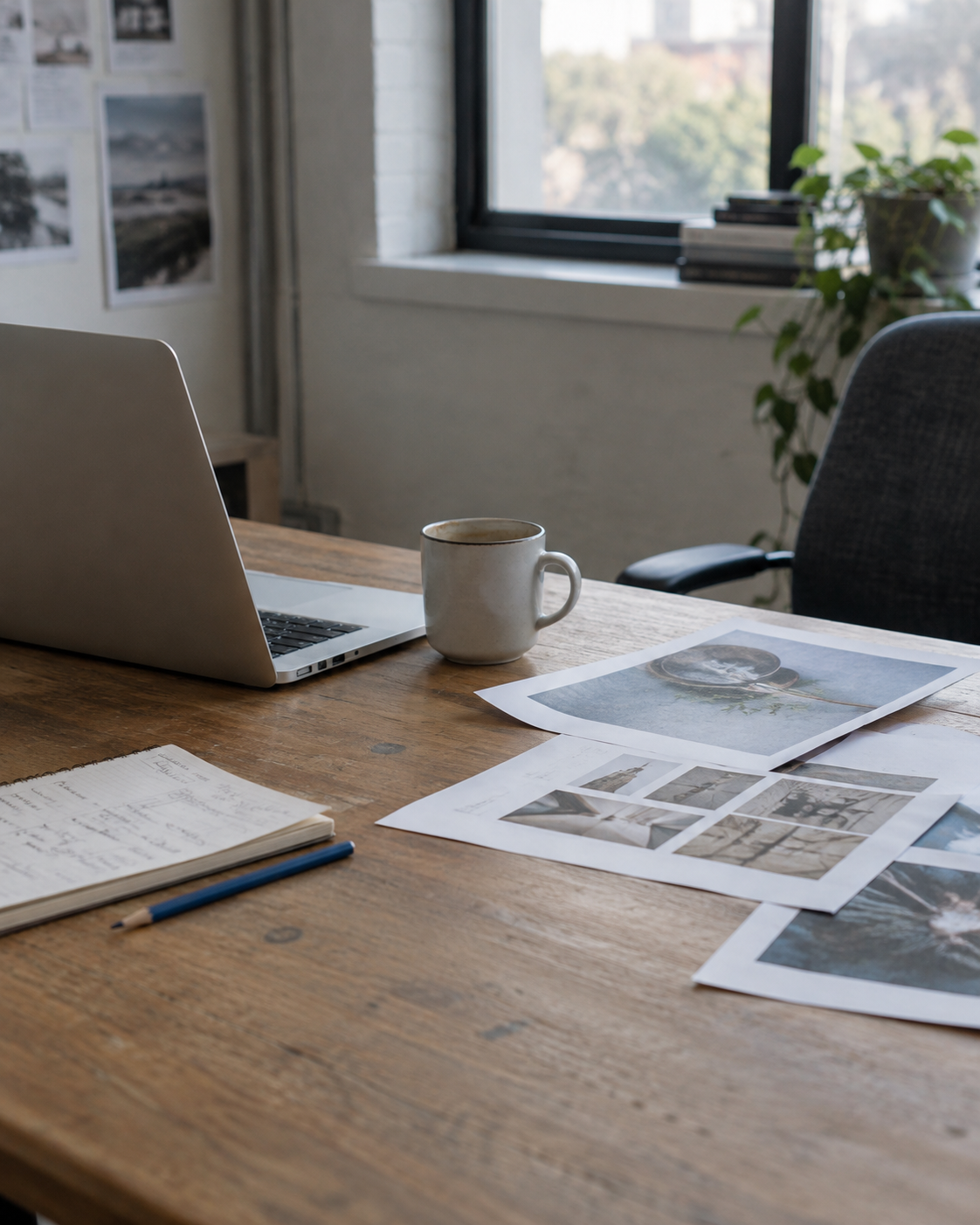 Laptop, notebook, and campaign materials on a naturally lit studio worktable.